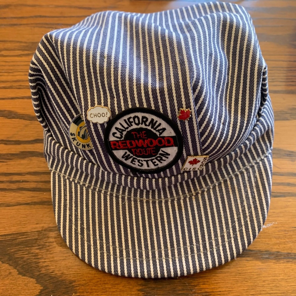 Kids California Western Redwood Route Train Engineer Hat Hickory Stripe w/ Pins
